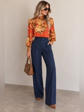 Chic Floral Women's Blouse - Vibrant Orange and Yellow